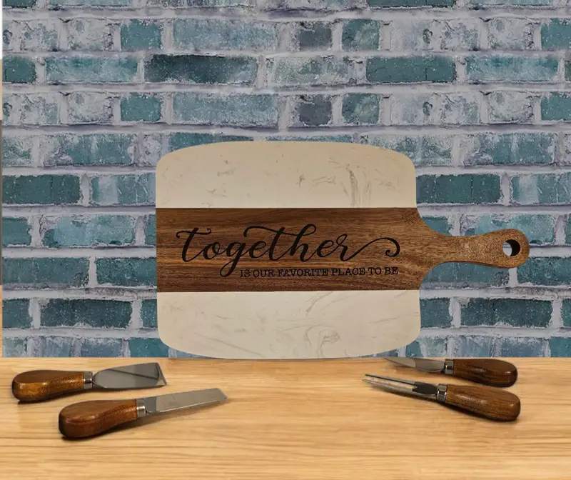 Custom engraved serving board with wood-handled cheese tools - signature DandiLu Designs piece